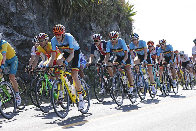 Belgian cyclist Greg Van Avermaet (2nd L) and Belgian cyclist Philippe Gilbert (R) in action at the men's road race cycling event at the 2016 Olympic Games in Rio de Janeiro, Brazil, Saturday 06 August 2016. BELGA PHOTO YUZURU SUNADA