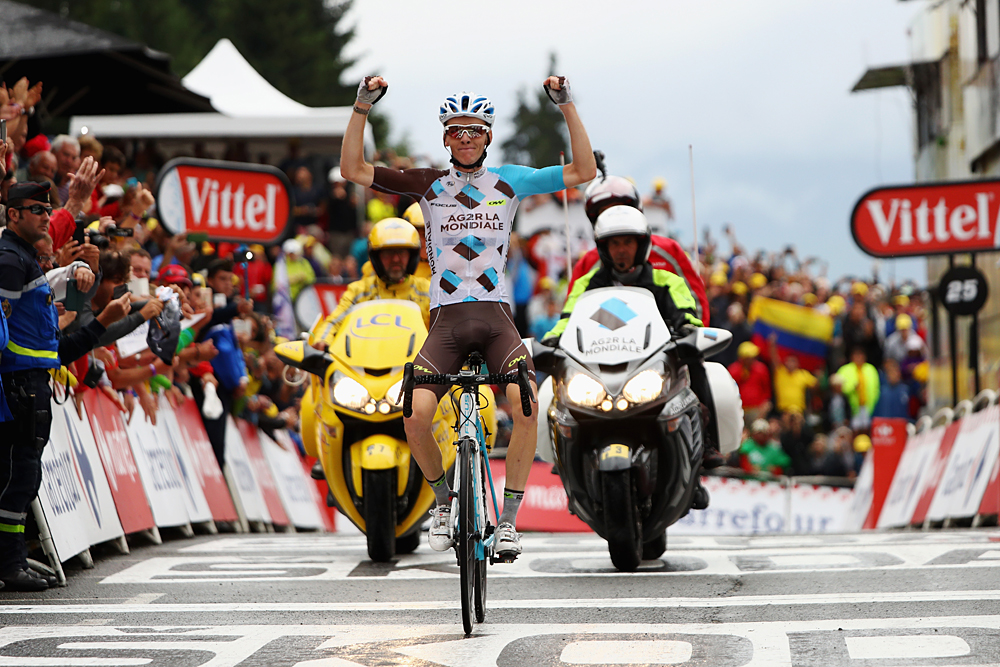 SAINT-GERVAIS MONT BLANC, FRANCE - JULY 22:  Romain Bardet of France and AG2R La Mondial Team crosses the finish line to win the 146 km mountain stage nineteen of Le Tour de France from Albertville to Saint-Gervais Mont Blanc on July 22, 2016 in Saint-Gervais Mont Blanc, France. His victory gives France their first stage winner in this years Tour.  (Photo by Michael Steele/Getty Images)